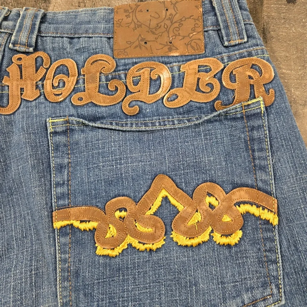 Crown Holder Vintage Y2K Baggy Denim Shorts Embroidered Rosary Crucifix Jorts 42